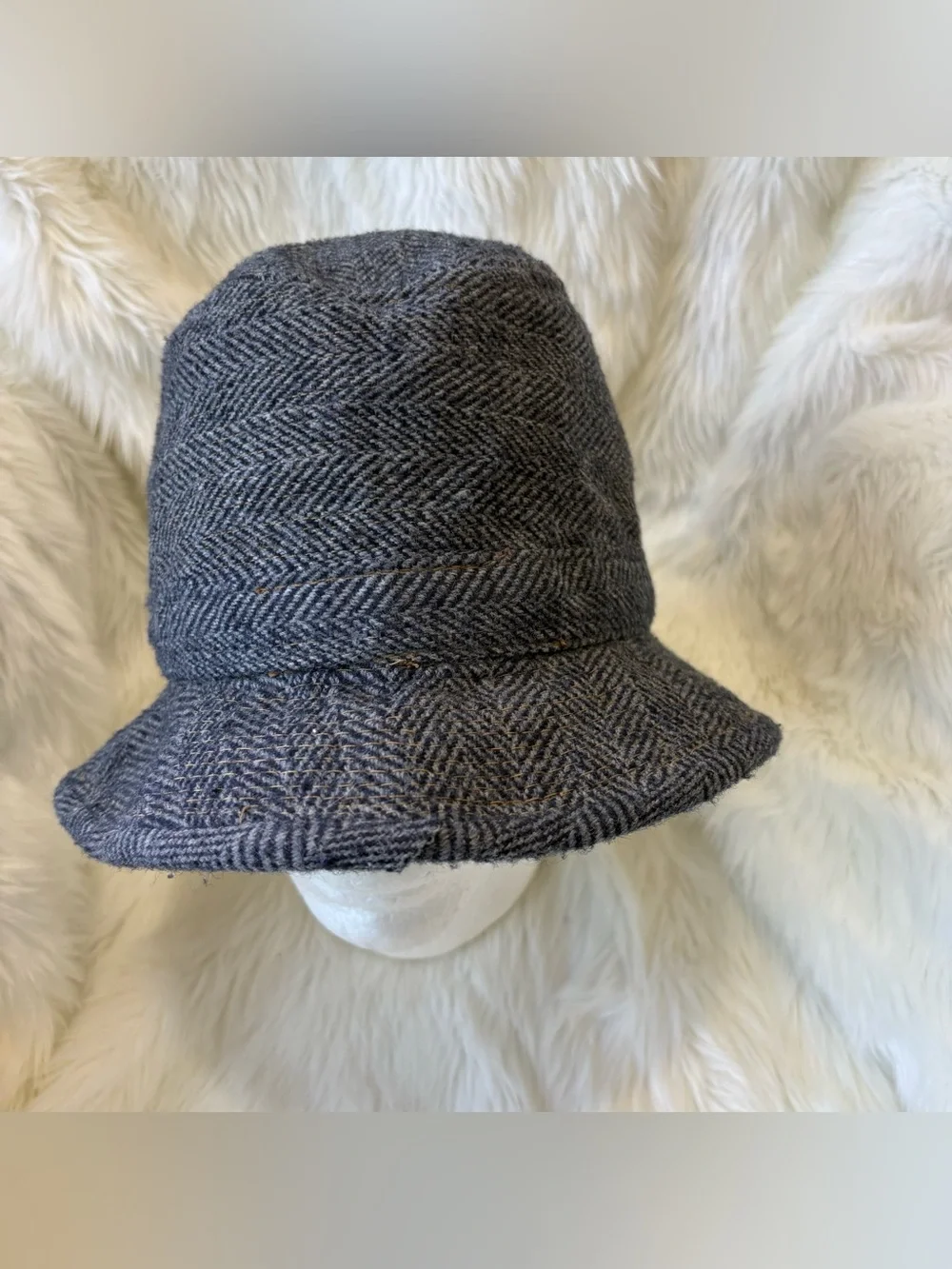 Vintage USA made Fedora Hat Large Herringbone Charcoal Gray